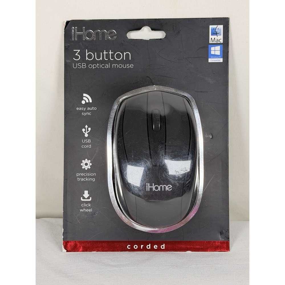iHome 3 Button USB Optical Mouse Black Corded PC Mac NEW